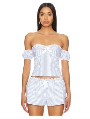 MAJORELLE Cynrhia Blue and White Striped Off-Shoulder Crop Top